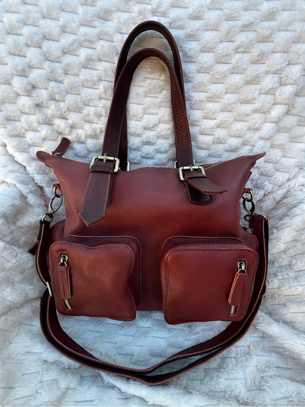 Chestnut Pebbled Leather Satchel Dual Handles Crossbody Strap